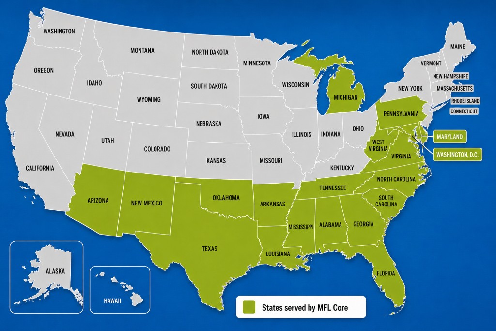 U.S. map of states served by MFO Core